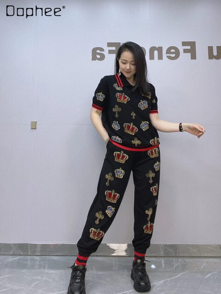 

Fashion Pants Sets Female 2023 Spring and Autumn Women's Clothing New Knitted Rhinestone Short Sleeve Trousers Two-Piece Sets
