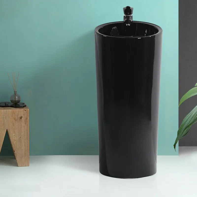 

European style simple design black column basin, light luxury style round ceramic column basin, for bathrooms, balconies YX894JH