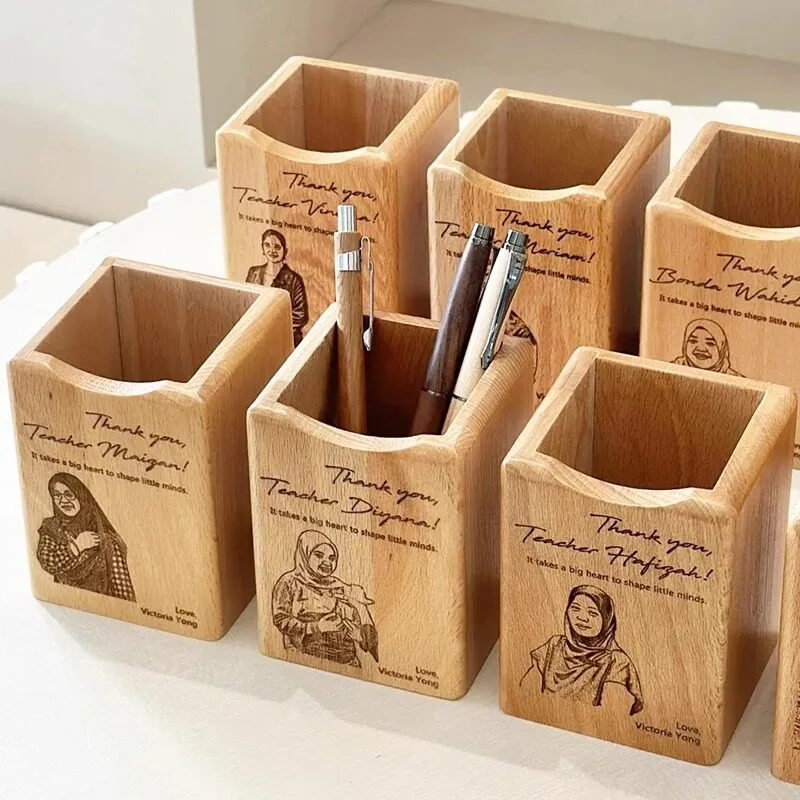 ✨Custom Photo Beech wood Pen Holder Laser Engraved Teacher Gift Personalized Desk Organizer Birthday Graduation Present