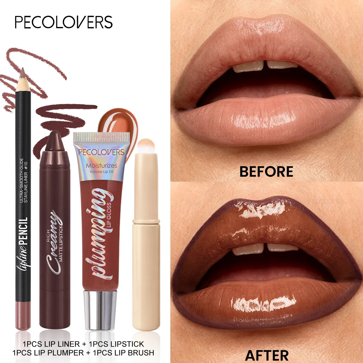 4PCS/SET Glossy Plumping Lip Makeup Kit, Long Lasting Lipstick Lip Liner Pencil & Lip Brush Set, Holiday And Daily Makeup