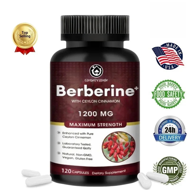Global Village Premium Berberine HCL 1200 mg - 120 cápsulas veganas, suplemento de bereberina 100% puro - sin OGM, sin gluten