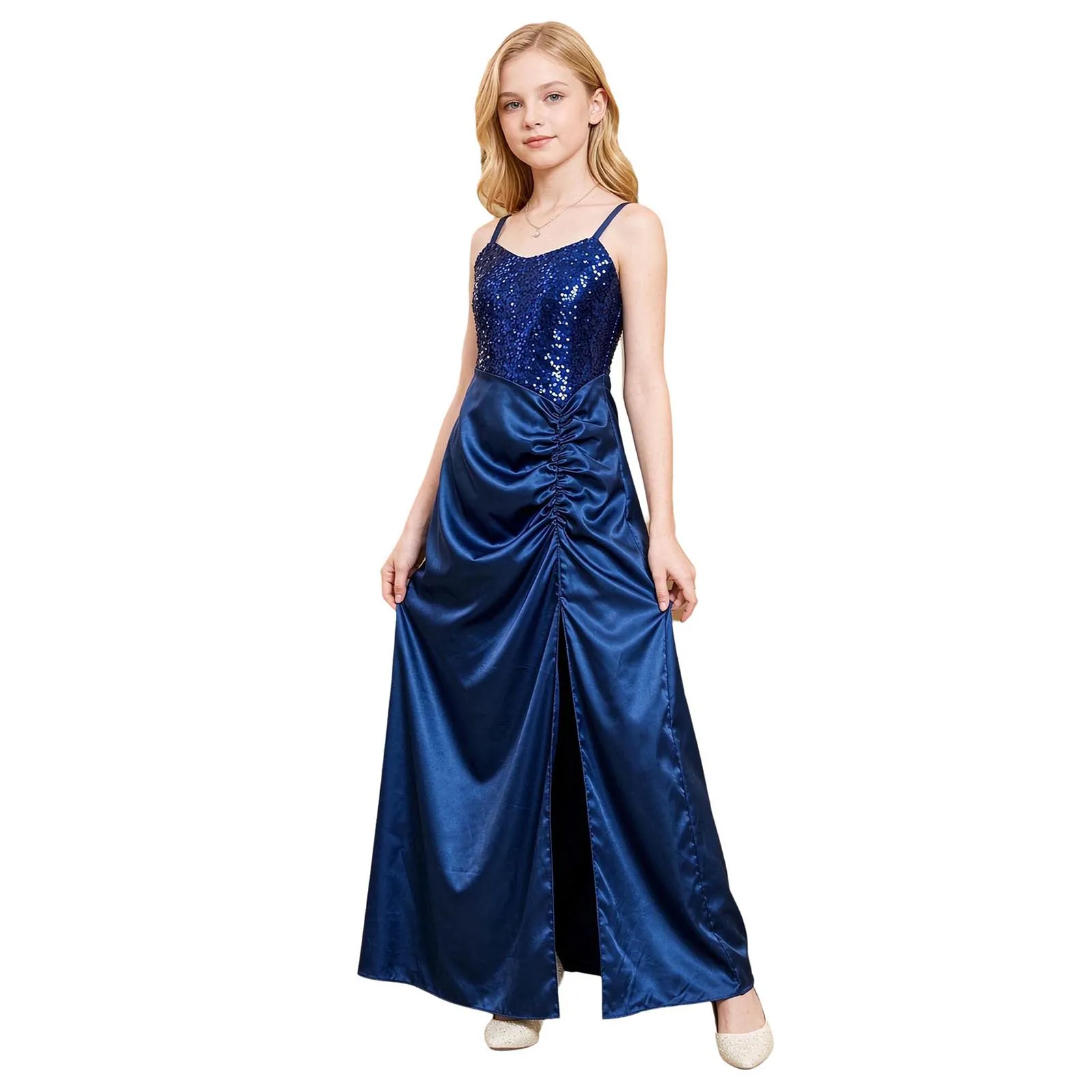 Satin Junior Bridesmaid Dresses Flower Girls Wedding Birthday Banquet Party Dress Shiny Sequin Bodice Side Split Ruched Gown
