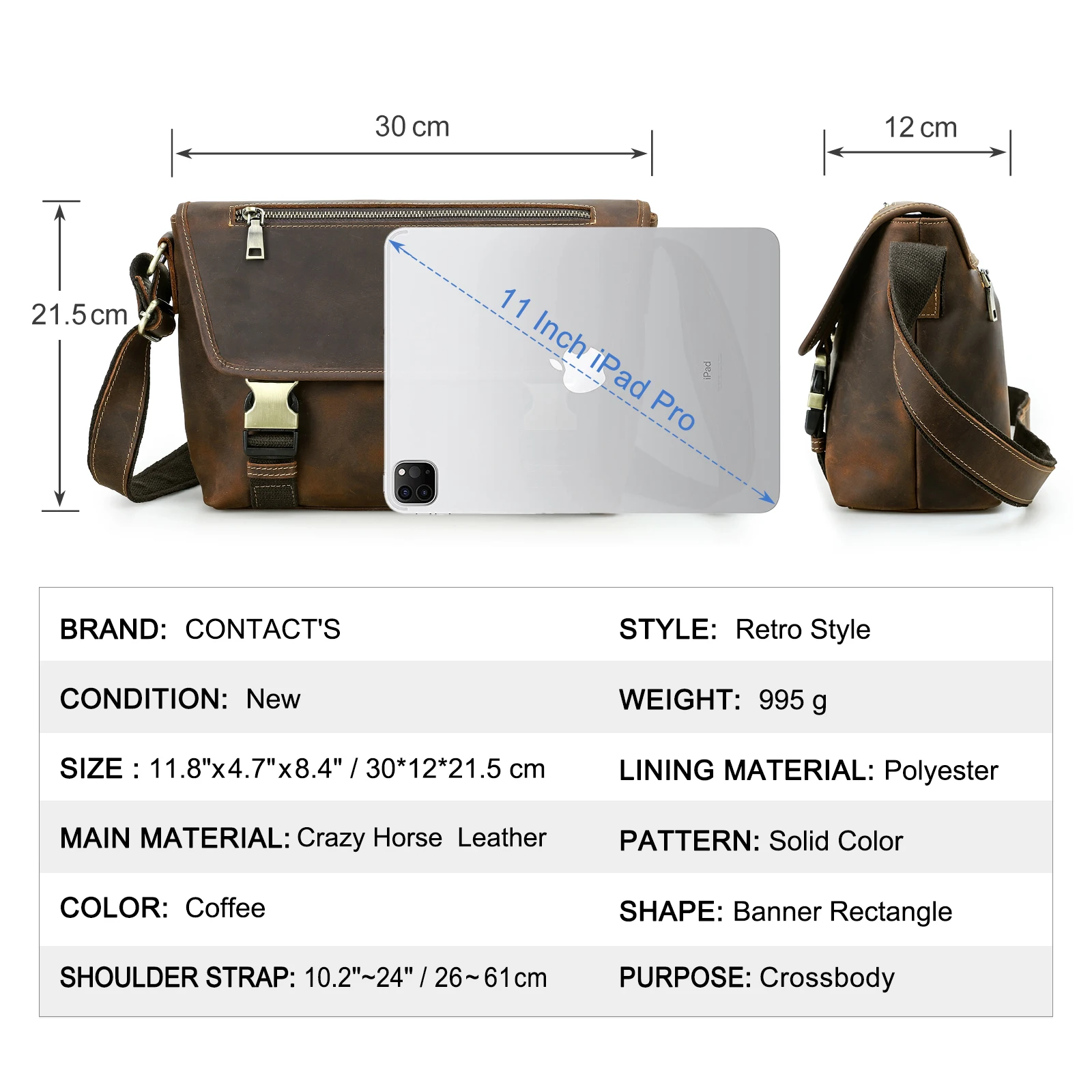 CONTACT'S Genuine Leather Shoulder Bags for Men Luxury Designer Flap Messenger Crossbody Bags Men's Bags for 11 inch iPad Pro view 4