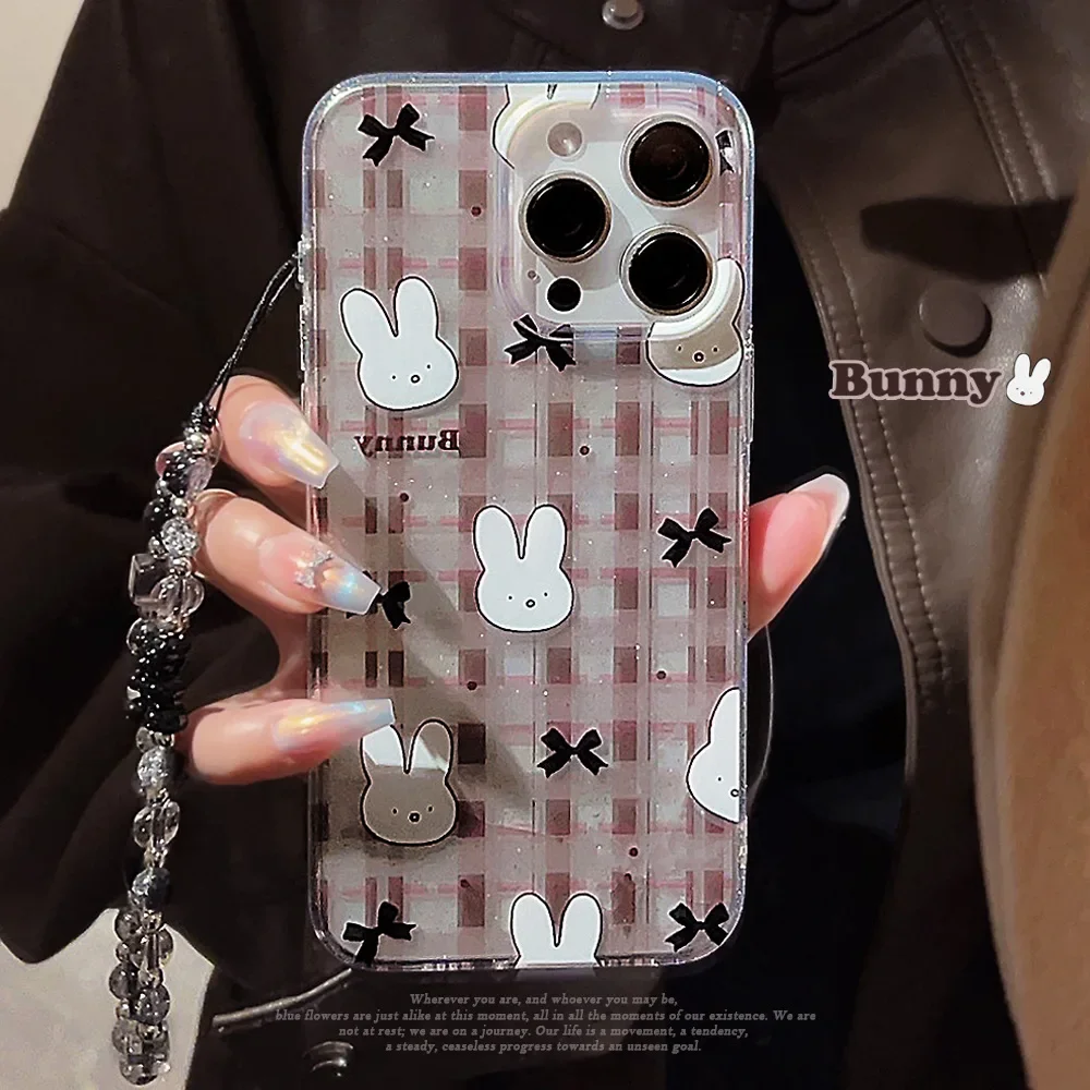 Funny Glitter bunny bow Retro Plaid Bracelet Phone Case For iPhone 17 air 16 15 14 13 12 11 Pro Max Xr Case Cute Cartoon Cover