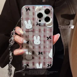Funny Glitter bunny bow Retro Plaid Bracelet Phone Case For iPhone 17 air 16 15 14 13 12 11 Pro Max Xr Case Cute Cartoon Cover