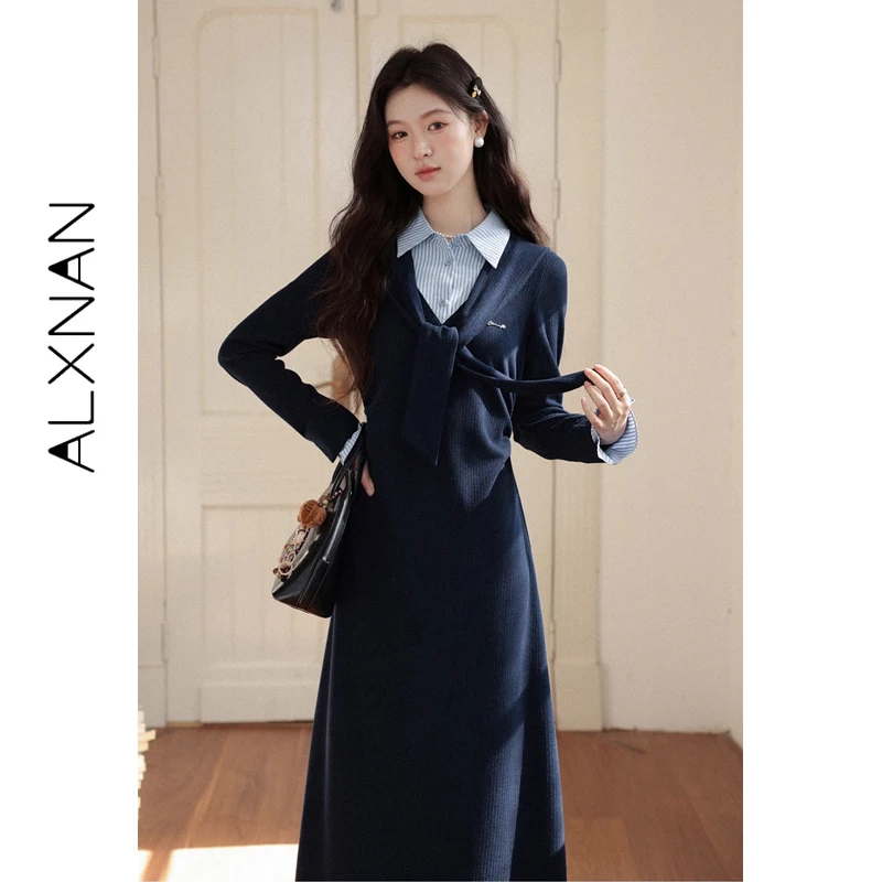 ALXNAN Women's Striped Shirt Dress Long Sleeve Belted French Style Midi Fall Elegant Casual Party Dresses Female Clothing L59029