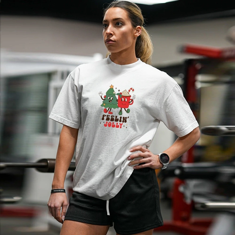 

Fashionable Mens White T Shirt with Feelin Jolly Christmas Graphic Print Unique Design Casual Loose Fit Short Sleeve for Daily