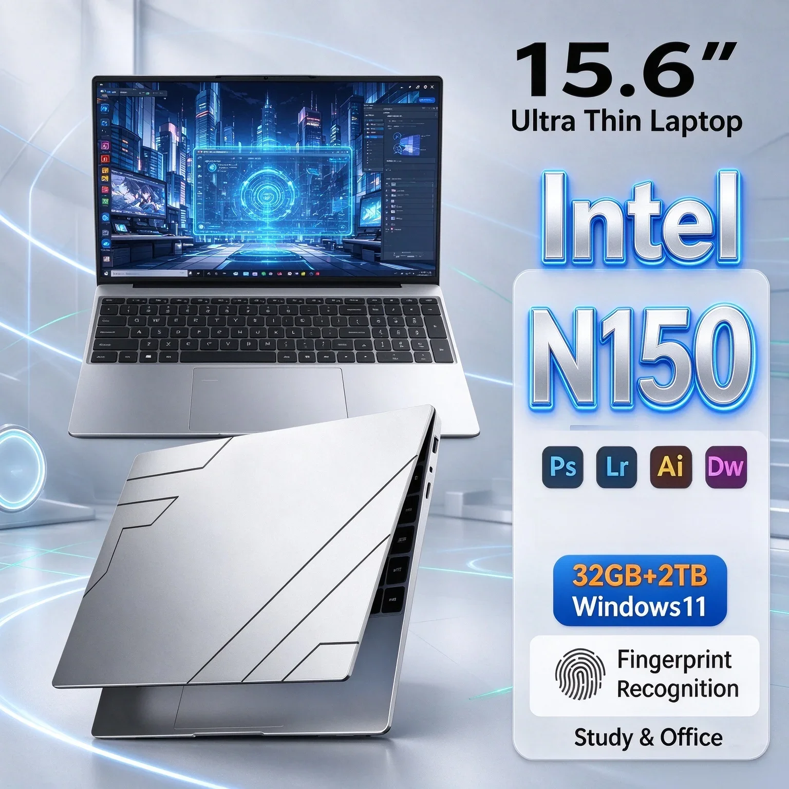 Intel N150 15.6'' Inch Notebook 1920*1080 FHD Display 32GB RAM 1TB/2TB SSD Windows11 Ultra Slim Portable Laptop For Study Office