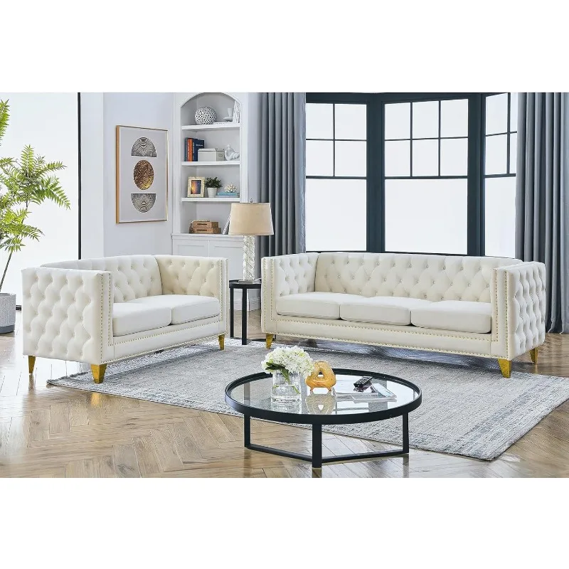 Velvet Living Room Sofa Set of 2, Comfy Loveseat and 3 Seater Couch, Modern Sofa with Tufted Back and Rivet Decoration