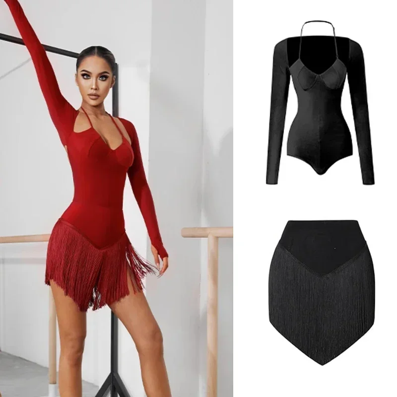 Conjunto de baile latino para mujer, traje Sexy con cuello Halter, Tops latinos, faldas con flecos Cha, vestidos de baile latino Rumba Samba, ropa de escenario para niña
