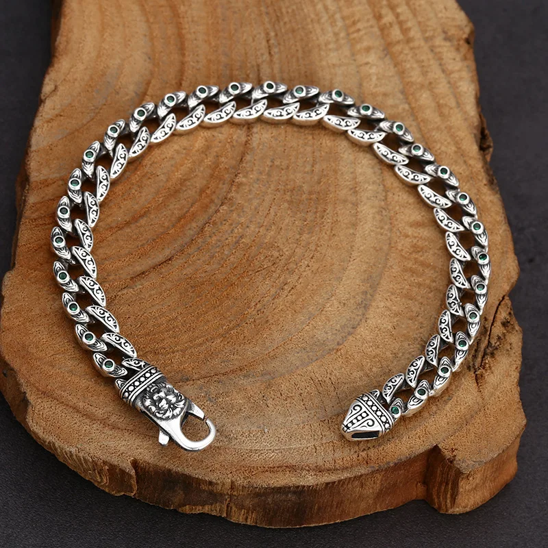

S925 Sterling Silver Lion Bracelet 8mm Old Process 20CM Heavy Body Zircon Unisex Design Fine Jewelry FYBT142