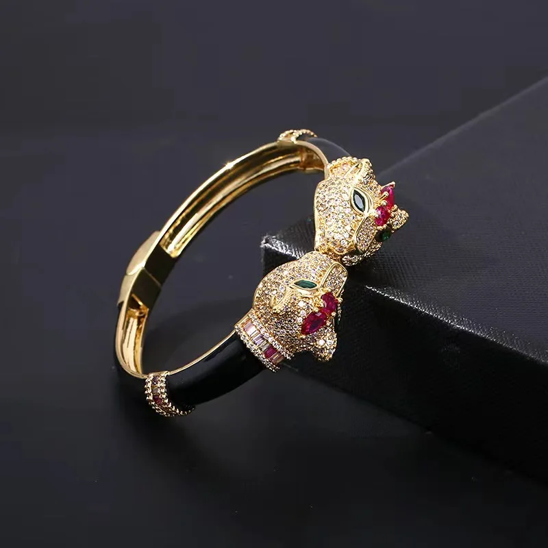 European and American fashion double-headed leopard open bracelet gold electroplated copper microinset zircon hand jewelry