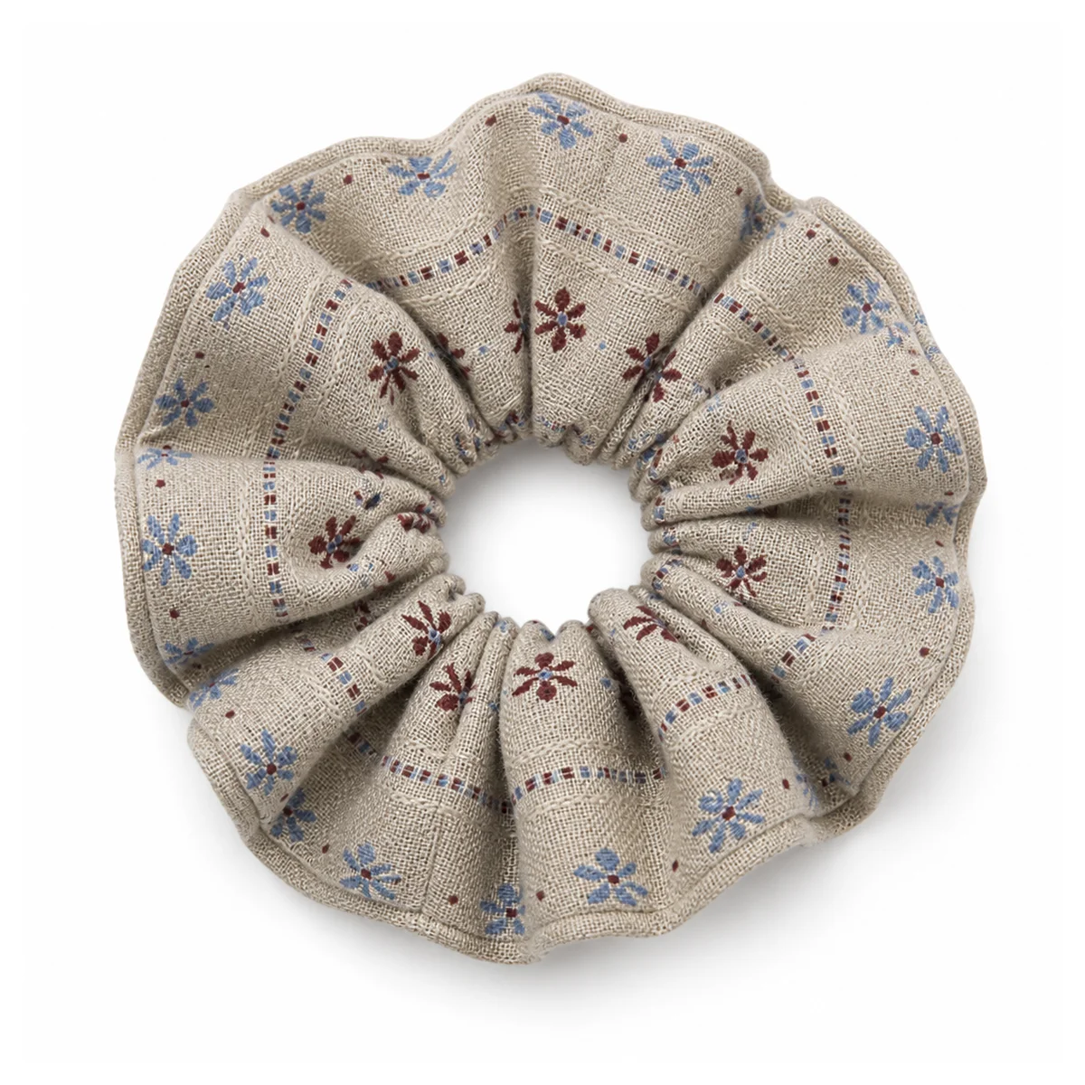 oatmeal-taupe-burgundy-blue-small-floral-rustic-wide-ruffled-hair-scrunchie