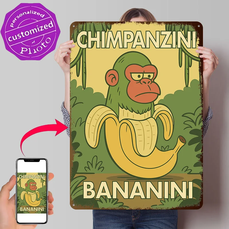 Chimpanzee in Banana Cartoon Illustration 3D Printed Texture Poster Personalized Wall Art Retro Metal Tin Signs for Desk Decor