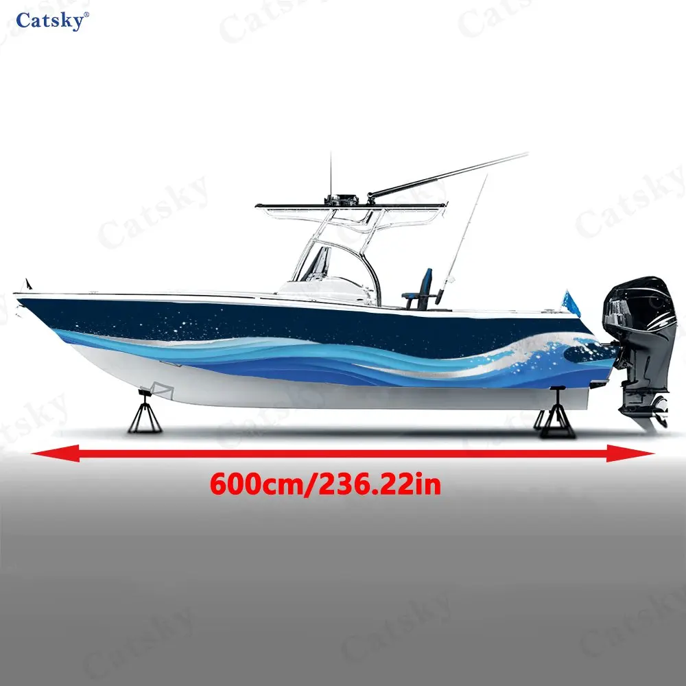 Broken Waves & Silver Sand Boat Stickers, PVC Waterproof Durable Vinyl Wrap Decals for Fishing Boats, Durable and Stylish Design