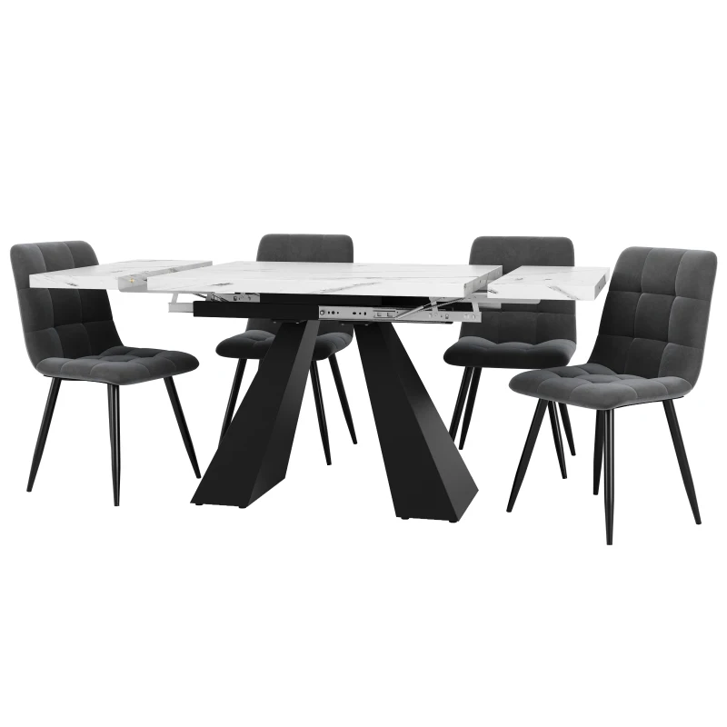 Dining group (5-piece),Dining table set, Extendable dining table set 160×80×75cm White Dining table with 4 velvet chairs,Grey