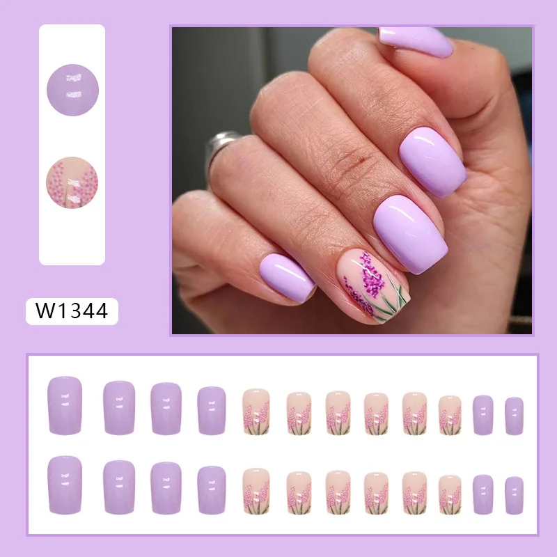 24pcs Sweet Summer Fake Nails with Glue Flower Lavender Purple Short Press on Nails Medium Square Artificial Adhesive False Nail