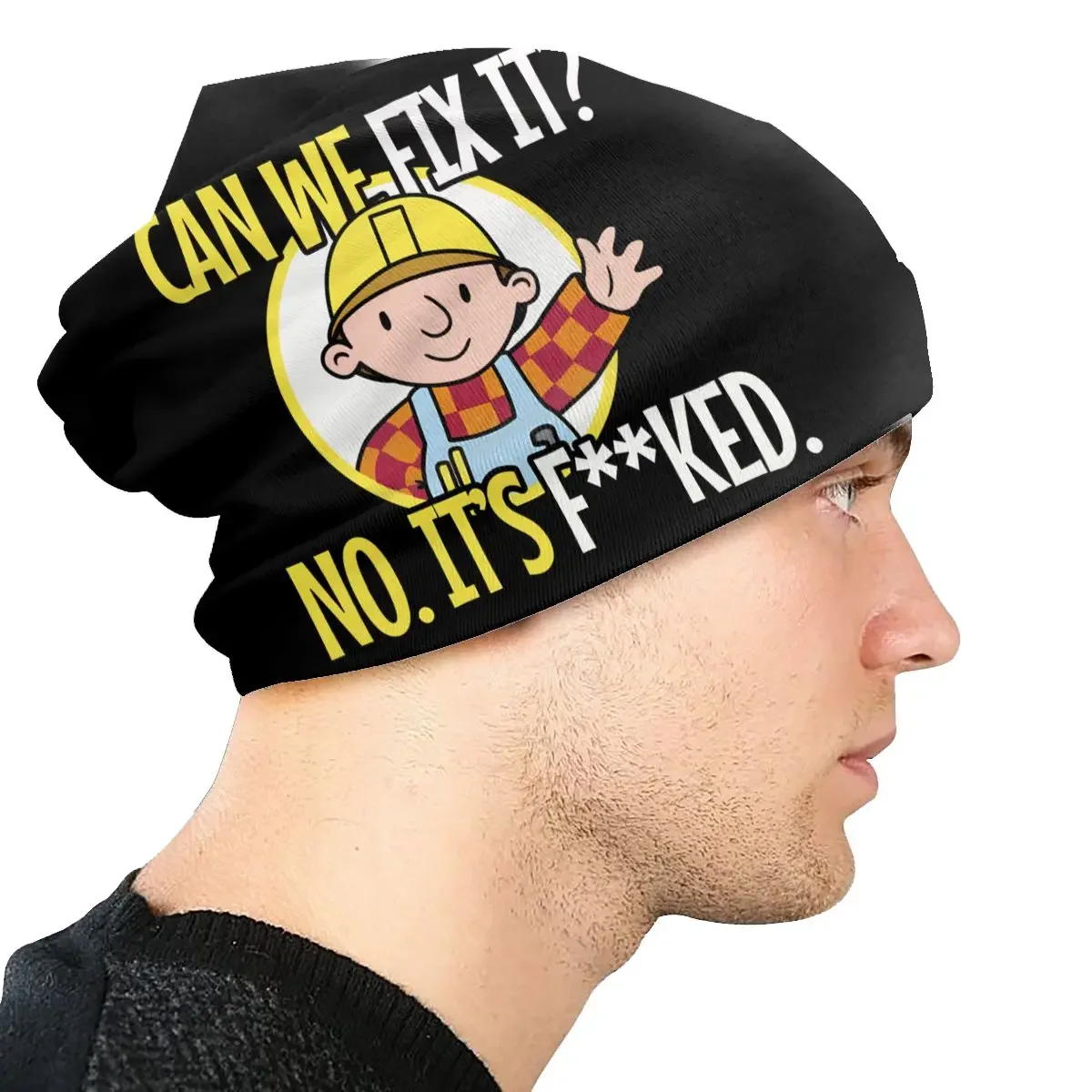 Topi kupluk musim gugur pria, topi beanie Bob The Builder kartun dapat kami perbaiki perbaikan, topi Bonnet tipis musim gugur, topi Ski Hip Hop