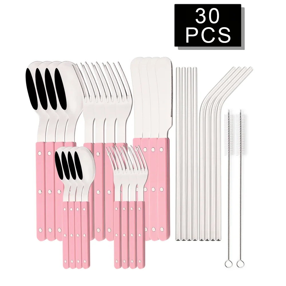 30Pcs Cutlery Sets Acrylic Handle Dinner Knife Fork Spoon Straw Set Stainless Steels Western Dinnerware Home Kitchen Flatware