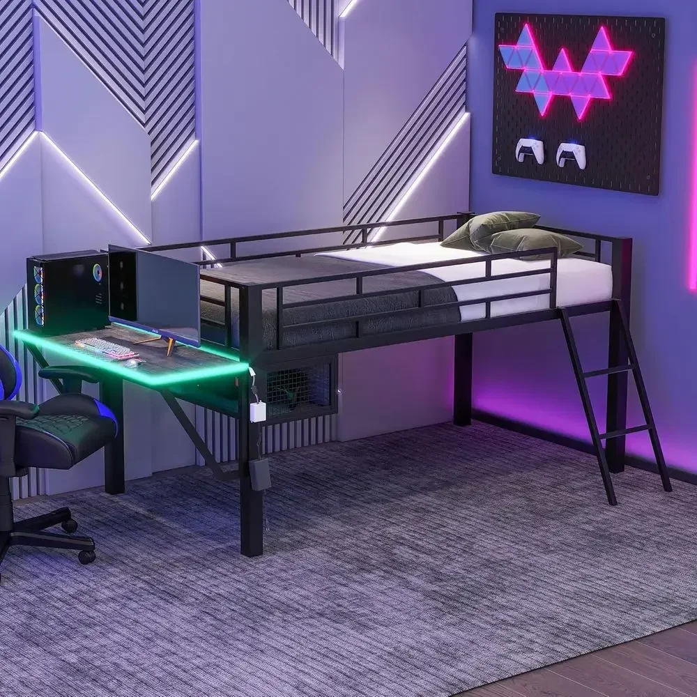 Black Twin Size Metal Loft Bed with Desk, Ideal for Kids, Teens, or Dorm Rooms, LED Lights, No Box Spring Required