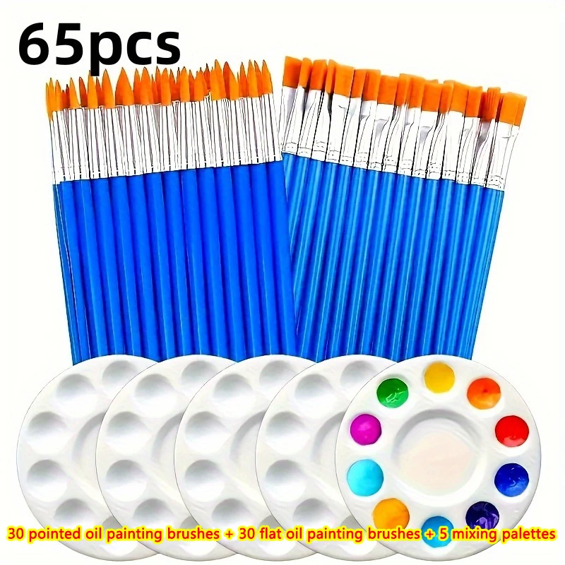 Ein Set mit 60 Pinseln und Paletten: 30 flache und 30 spitze Künstlerpinsel mit Nylonhaar und 5 runde Paletten für Acryl, Wasserfarben – Detail 7