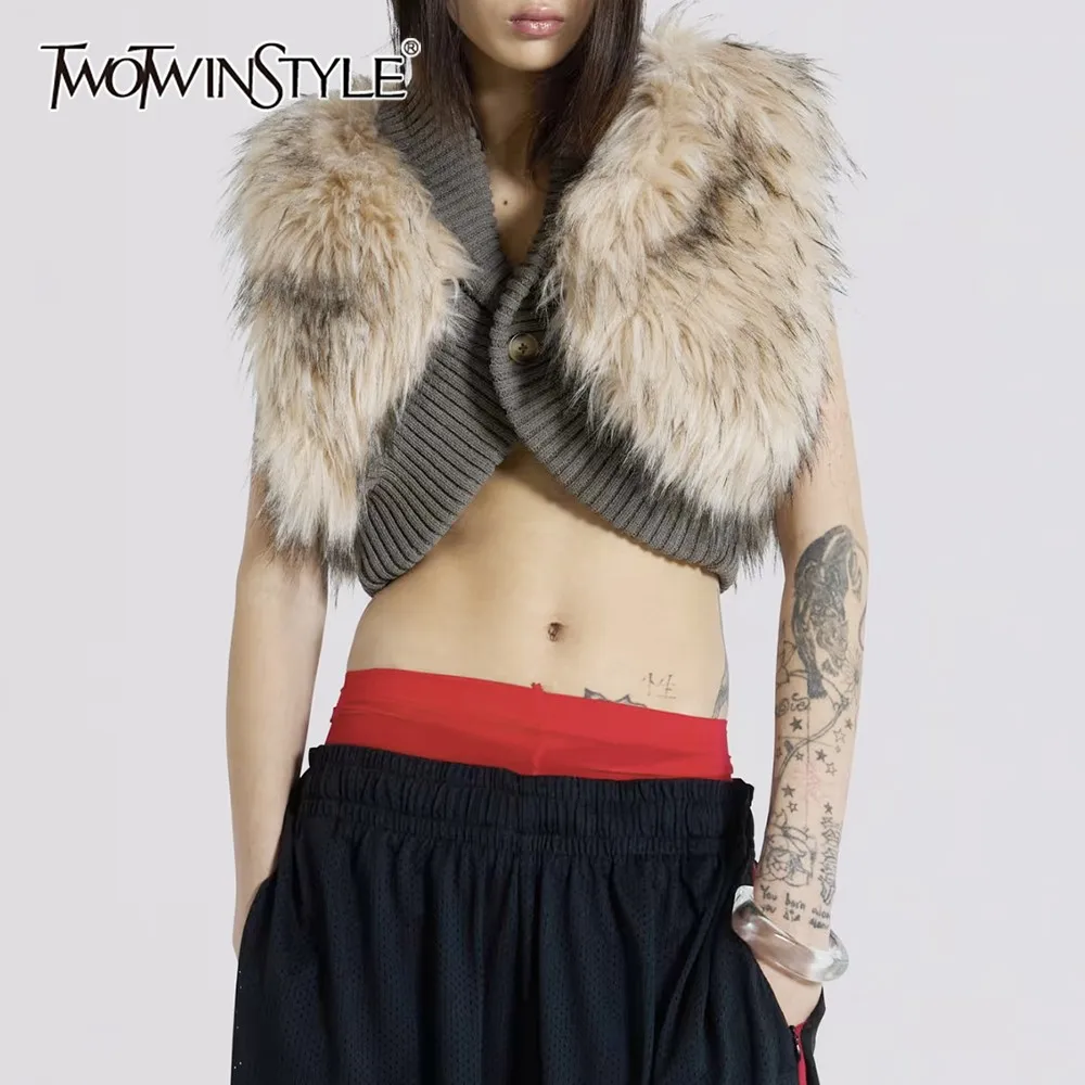 

TWOTWINSTYLE Colorblock Spliced Fur Jacket Female Turtleneck Sleeveless Loose Streetwear Luxury Women's Jackets Fashion Autumn