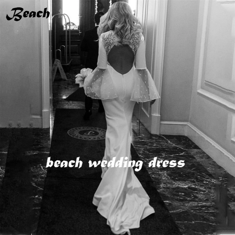 Beach Elegant Long Flare Sleeves V Neck Wedding Dress For Women Simple Backless Mermaid Train Bridal Gown Robe De Mariee