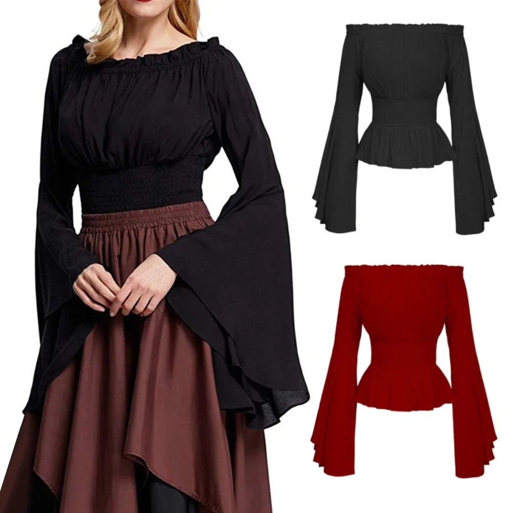 Cosplay Vintage Costumes Women Medieval Renaissance Blouse Ruffled Off Shoulder Slim Tunic Tops Corset Halloween Dress Up Party