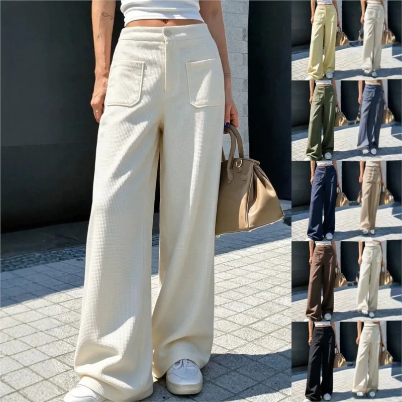 New Women's Casual Trousers New Spring Autumn Loose Waffle Knitted Multi Color Wide Leg Pants  Pockets Button Zip Women Trousers