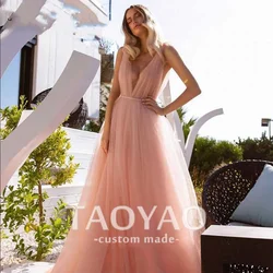 Pink Tulle A-Line Evening Dresses V Neck Prom Dresses Sleeveless Lace Party Dress Pink Pretty Sexy Backless Robe De Soriee