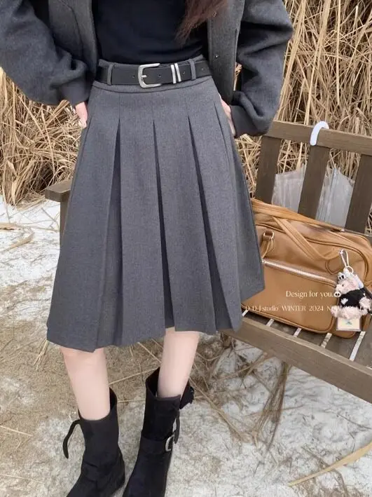 Women's Summer Autumn Pleated Knee Length Skirt Lady High Waist A Line School Style Mid Length Skirt