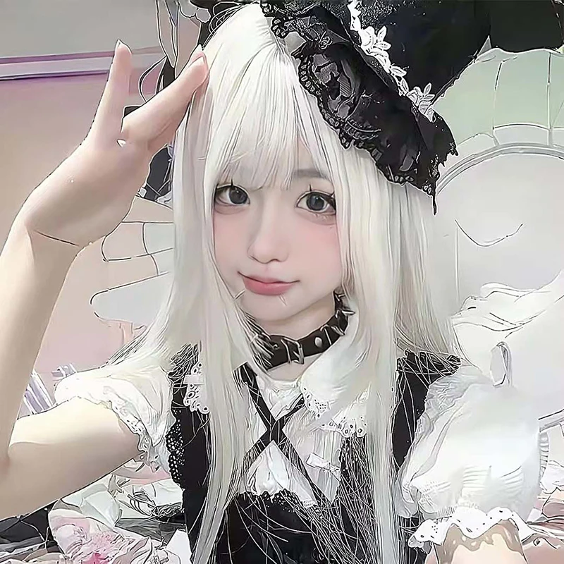 2D Ruolo Cos Donna Simulazione Parrucca Copertura Lady Lolita Partita Copricapo Parrucca stile lungo Manga Mostra Vestire Capelli lunghi lisci