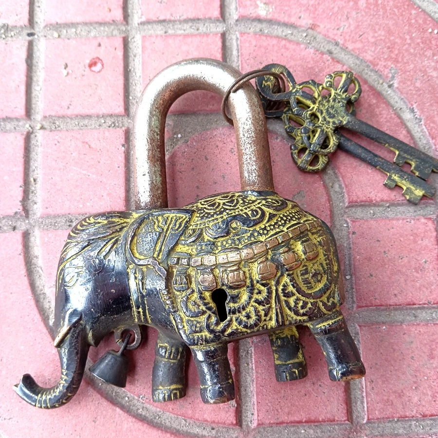 Vintage Copper Lock With Two Key Lucky Elephant Garden Home Peaceful Security Talisman