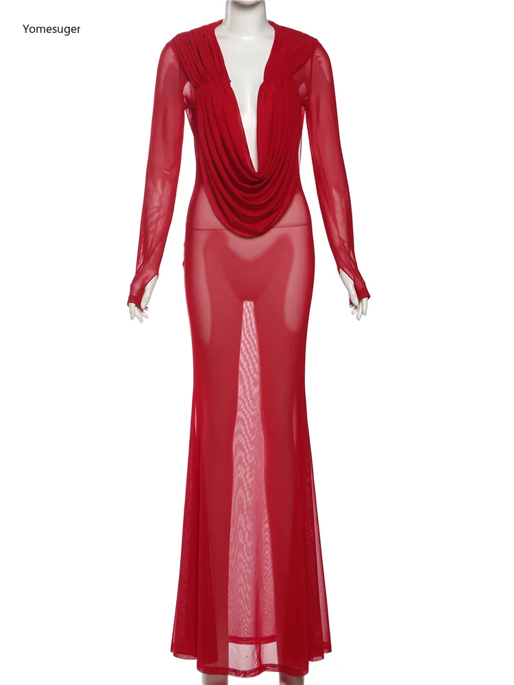 Yomesugar Sexy Mesh See Through Maxi Dress Women Elegant Deep V-neck Ruched Full Sleeve Bodycon Birthday Prom Party Clubwear