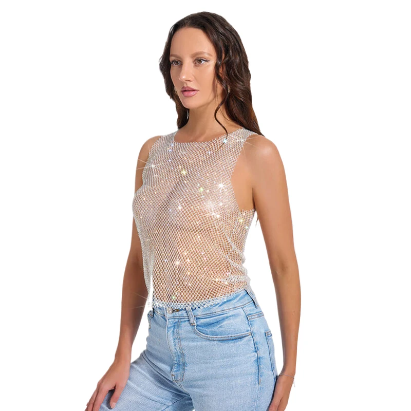 Damen Strass-Netz-Tanktop mit AB-Kristallen, ärmelloses, transparentes Überwurf-Oberteil für Nachtclub, Party, Festival, Weste, Kleid für Damen – Detail 5