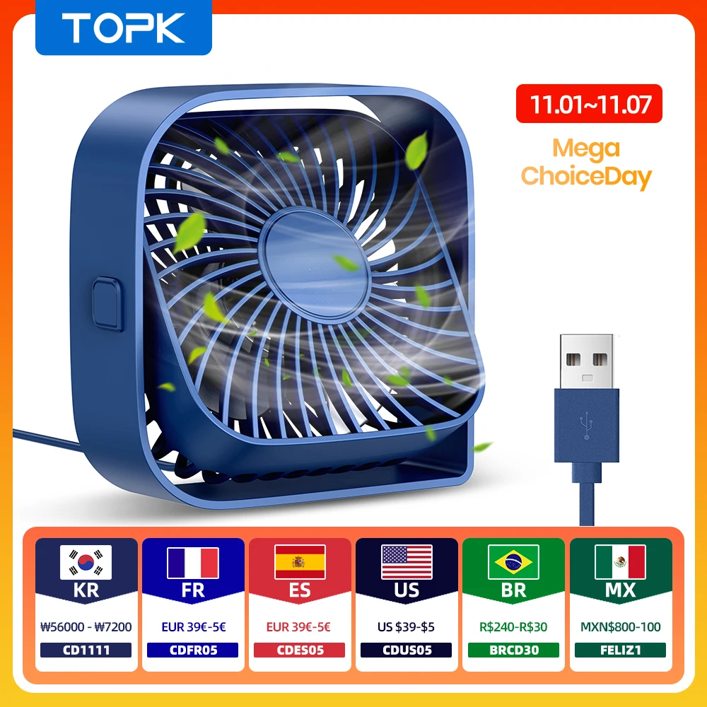 TOPK Mini Portable Fan,USB Desk Fan Table,Quiet 3 Speed Wind Personal Fan 360°Rotatable Head Standing Fans for Room Camping Hom