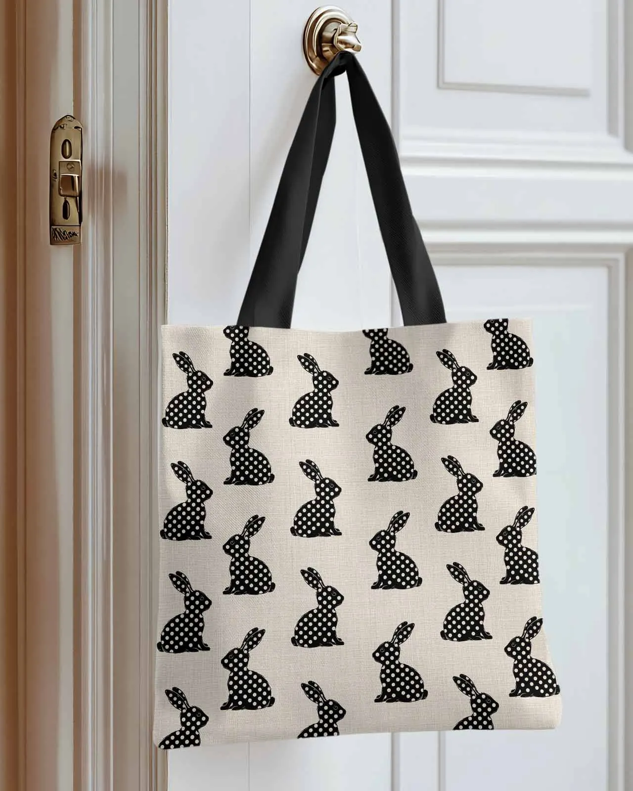 

Linen Background Black Dots Rabbit Canvas Bag Handbag Oxford Cloth Eco Shopping Storage Bag for Home Use
