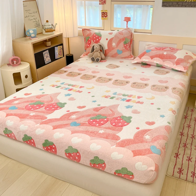 1pc Super Soft Fitted Sheet for Winter Thickened Bed Cover Flannel Fleece Single/Queen/King Size Winter Warm Fitted Bed Sheets
