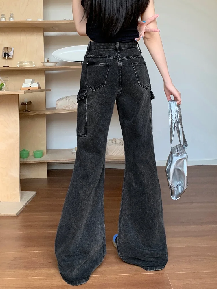 2024 Cyber Y2K Streetwear Washed Black Flare Cargo Jeans Pants For Women 90S Vintage Clothes Multi Pockets Cotton Lady Trousers