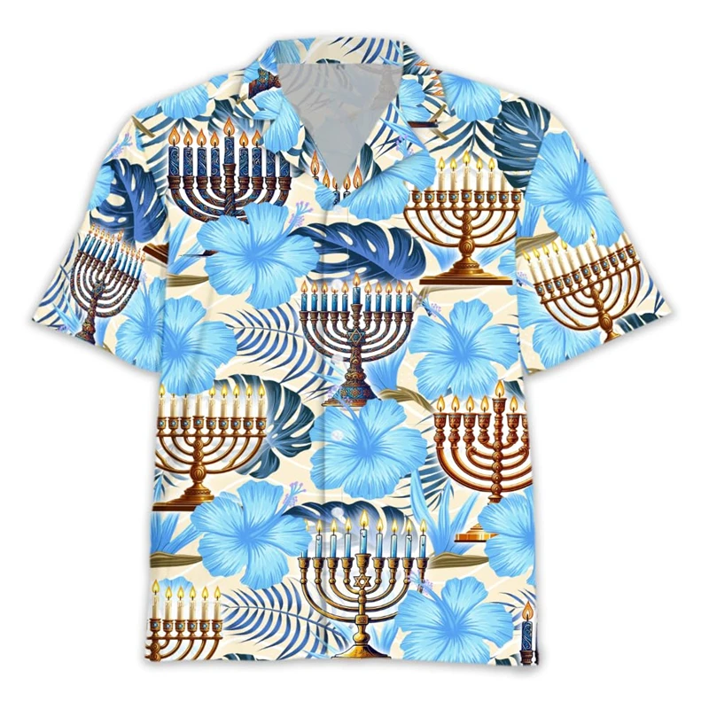 Happy Chanoeka 3D bedrukte shirts met korte mouwen voor herenkleding Chanukka vakantie revers blouse kaars dag knop kleding unisex