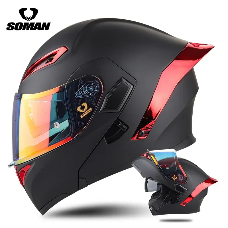 SOMAN Flip up Motorcycle Helmet Capacete Dual Lens Cascos Para Moto DOT Approved Color lens Large tail wing helmet Casco moto