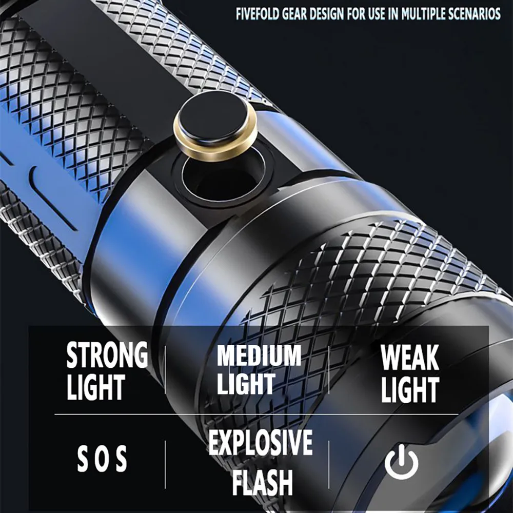 Powerful Long Range LED Flashlight Camping Torch Telescopic Zoom With Tail COB Floodlight Multiple Lighting Modes