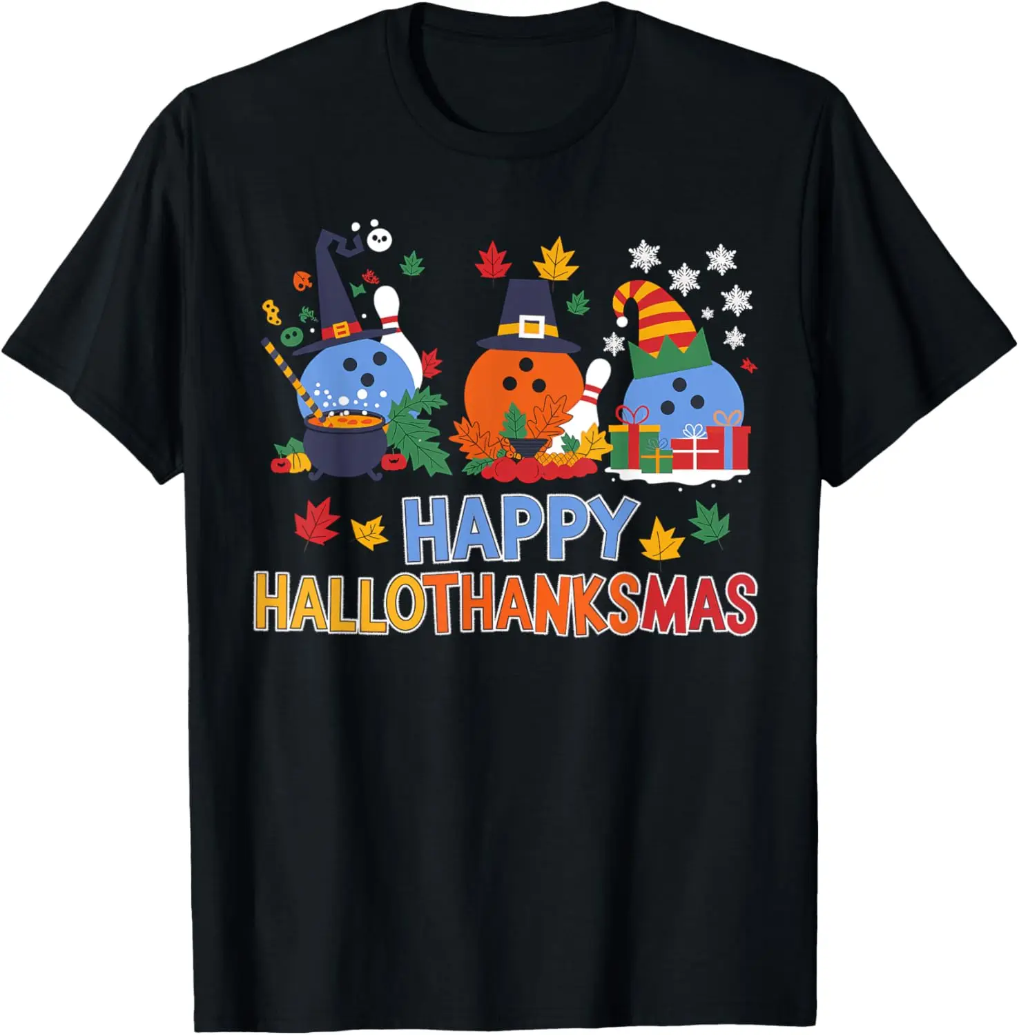 

Cute Hallothanksmas Bowling Halloween Thanksgiving Christmas T-Shirt