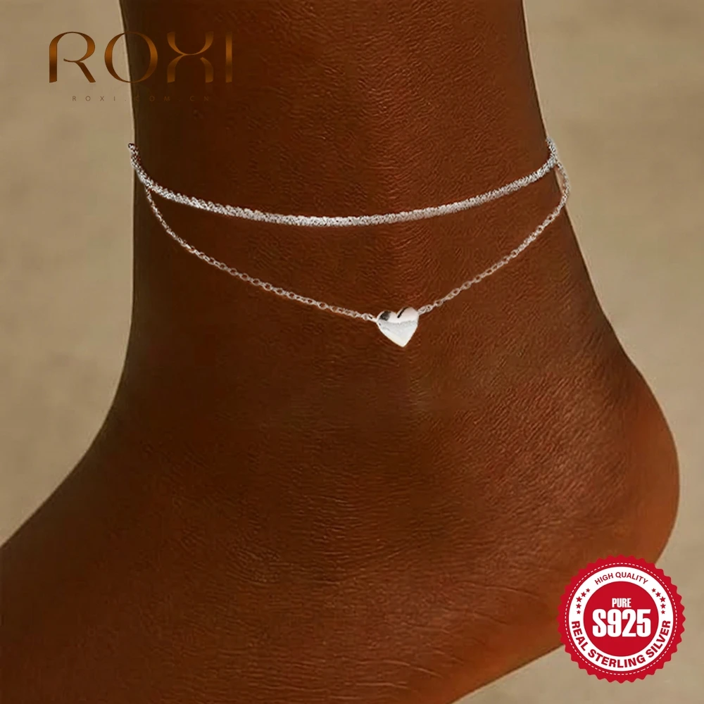 ROXI – Bracelet de cheville double couche en argent Sterling 925 en forme de cœur pour femmes, chaînes exquises, bijoux de plage d'été, cadeaux pour filles
