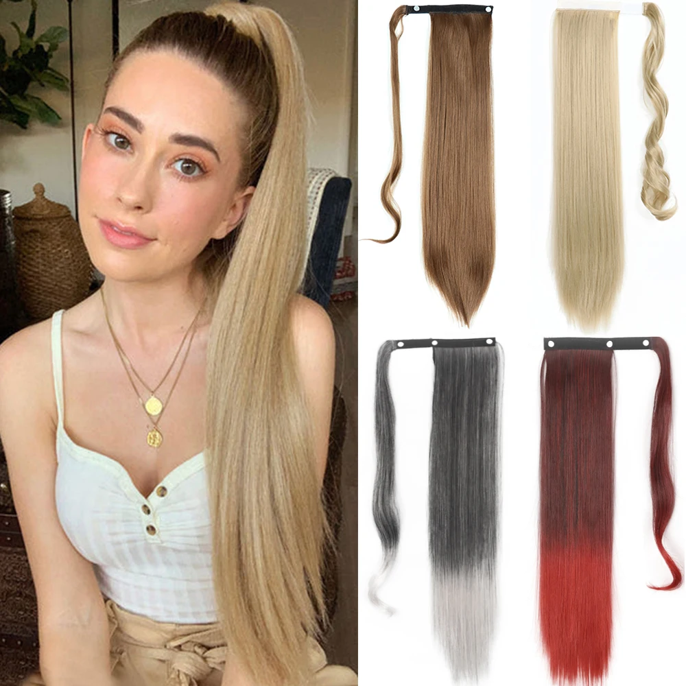 

22 34inch Synthetic Long Straight Ponytail Hair Extensions Heat Resistant Hair Wrap Around Pony Hairpiece for Women