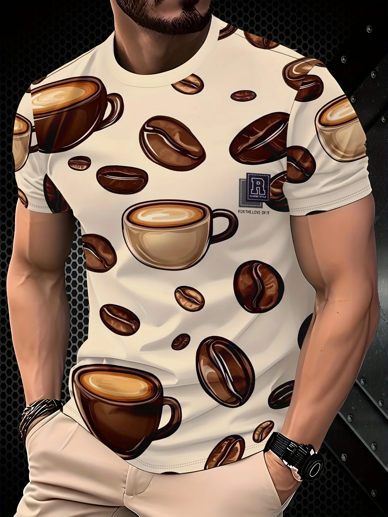 Men 3D Print T-Shirt Coffee Cup Bean Print O Neck Short Sleeve Casual Summer Streetwear Tee