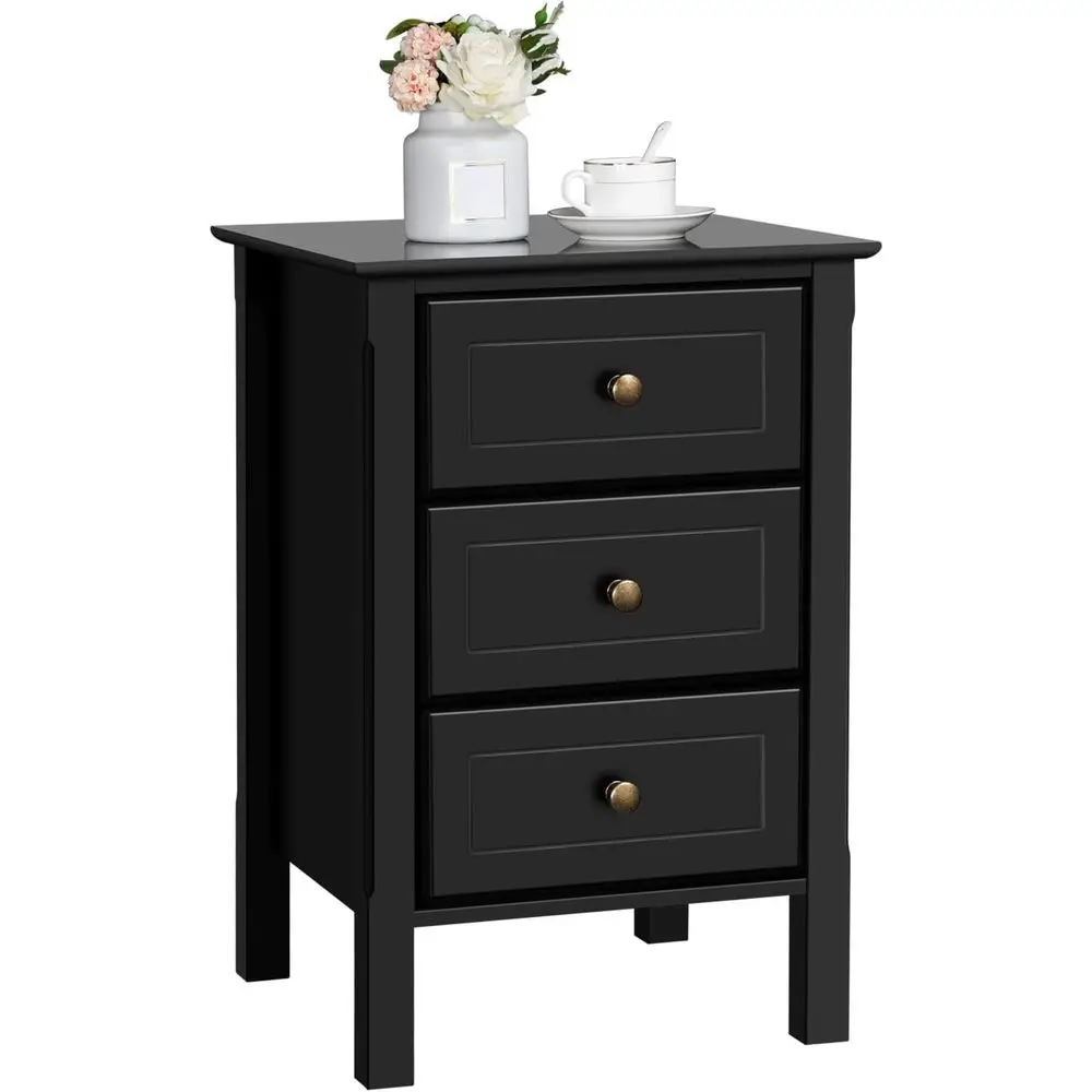 

3-Drawer Wooden Nightstand with Solid Wood Legs, Storage Organizer for Bedroom or Home Office, Compact Design, Easy Assembly, Bl