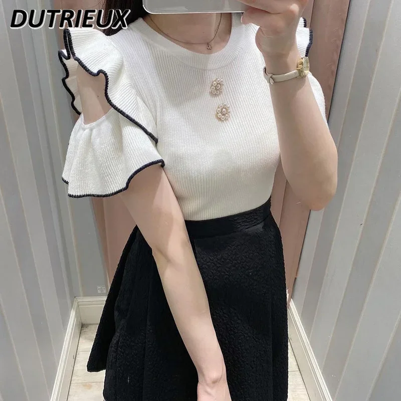 

Spring Summer Women's Short Sleeve Tee Sweet Lady Top Ruffled Off-the-Shoulder T-shirt Solid Color Tshirt Fashion Sweater Top