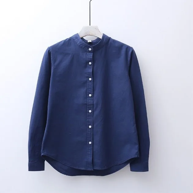 

Классический корейский Sle Long Sve из чистого хлопка, цветной универсальный женский дышащий повседневный воротник-стойка