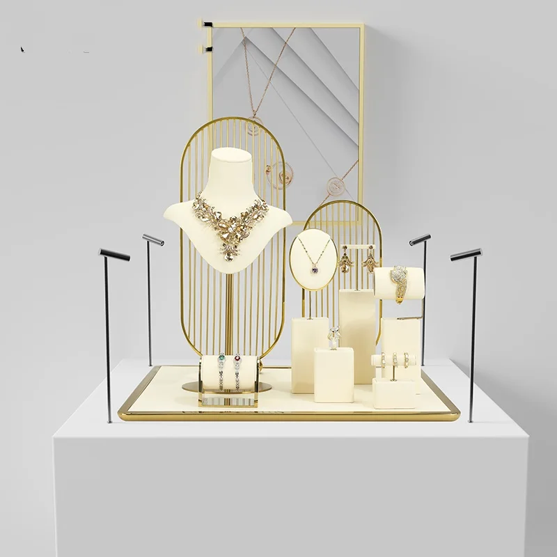 Beige jewelry display stand for necklaces, earrings, rings and bracelets, window display props for jewelry stores